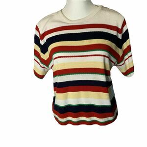 vintage 80s Southern Lady ivory Striped Sweater Top short sleeve Scoop Neck Sz L